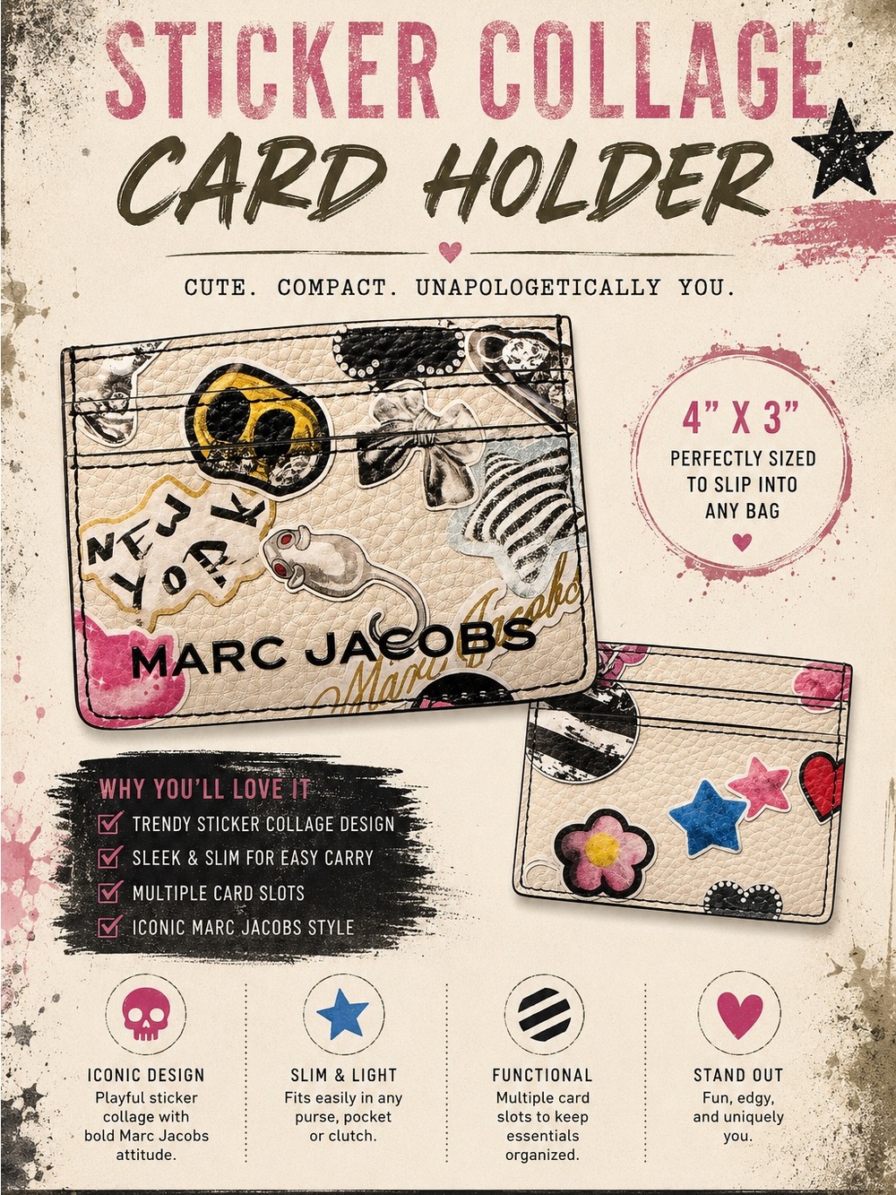 Marc Jacobs Cream Sticker Print Card Case